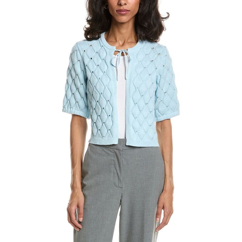 Forte Womens  Openwork Gathered Sleeve Cardigan, Green